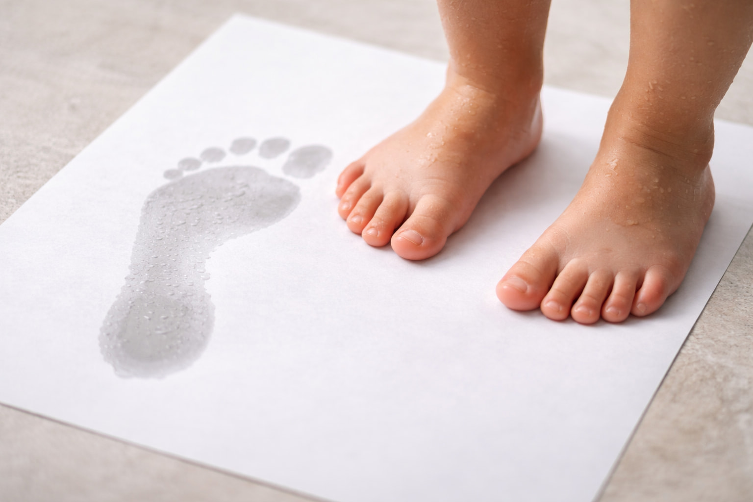 Pediatric foot health Edmonton wet footprint test showing flexible flat feet in a child