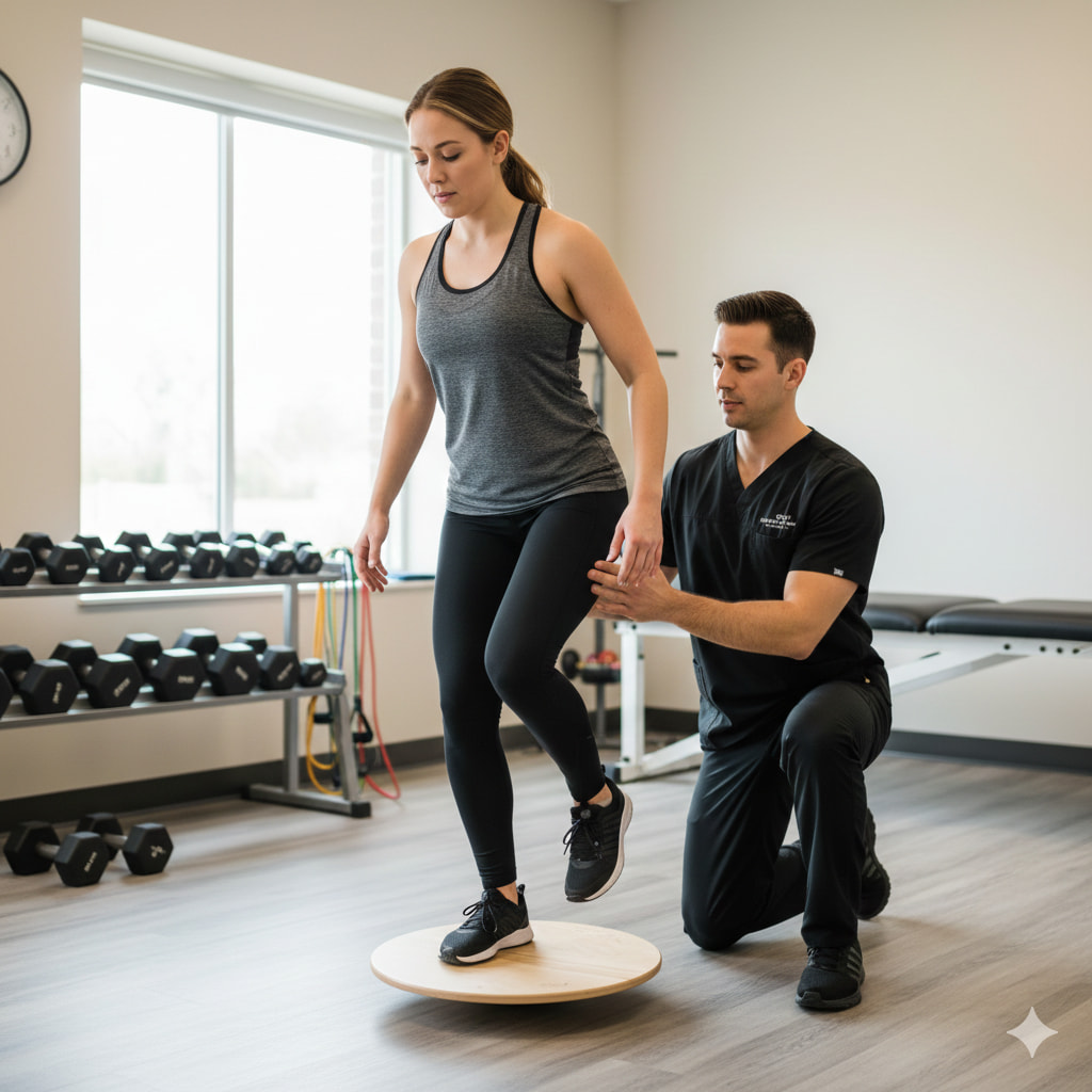 A physiotherapy session focusing on balance exercises for ankle sprain treatment in Edmonton.