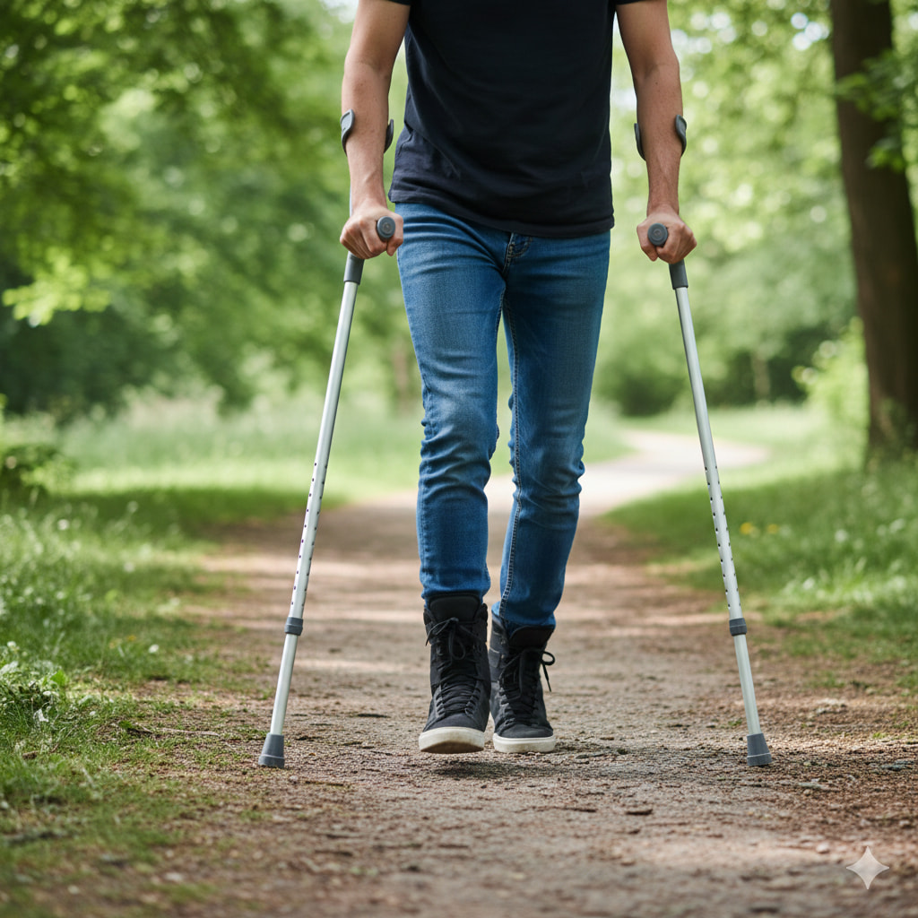A person using an ankle brace and crutches to manage chronic ankle instability after an ankle sprain.