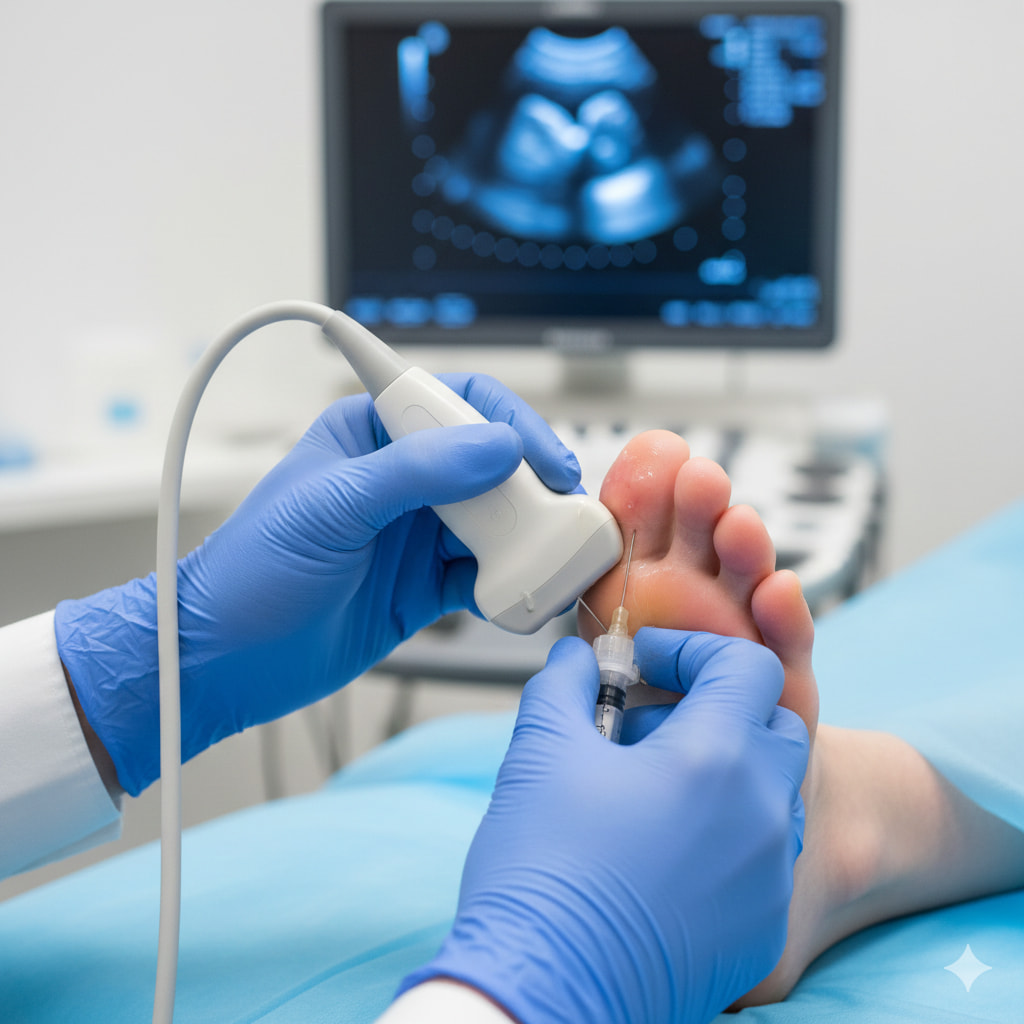 Ultrasound-guided joint aspiration used to confirm gout during gout foot treatment Edmonton diagnosis