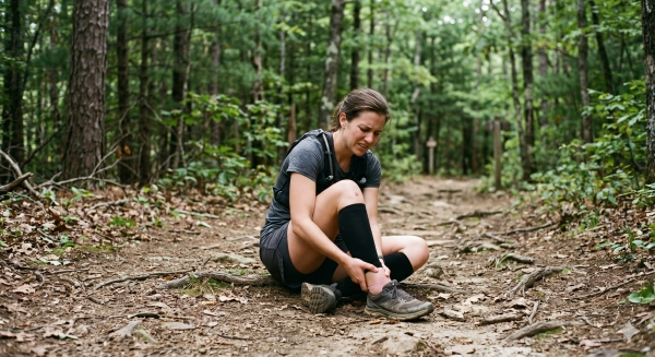 trail running injuries in Edmonton showing ankle sprain on forest trail