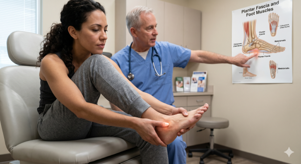 Foot Pain Warning Signs in a podiatry clinic showing early discomfort and foot assessment